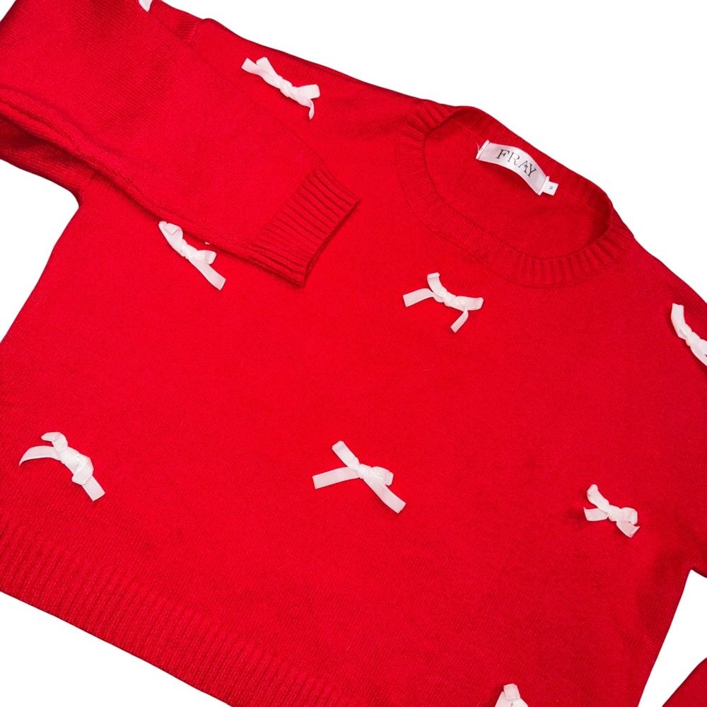 FRAY Women Red Knit Long‎ Sleeve Bow Detail Sweater Top Size M
